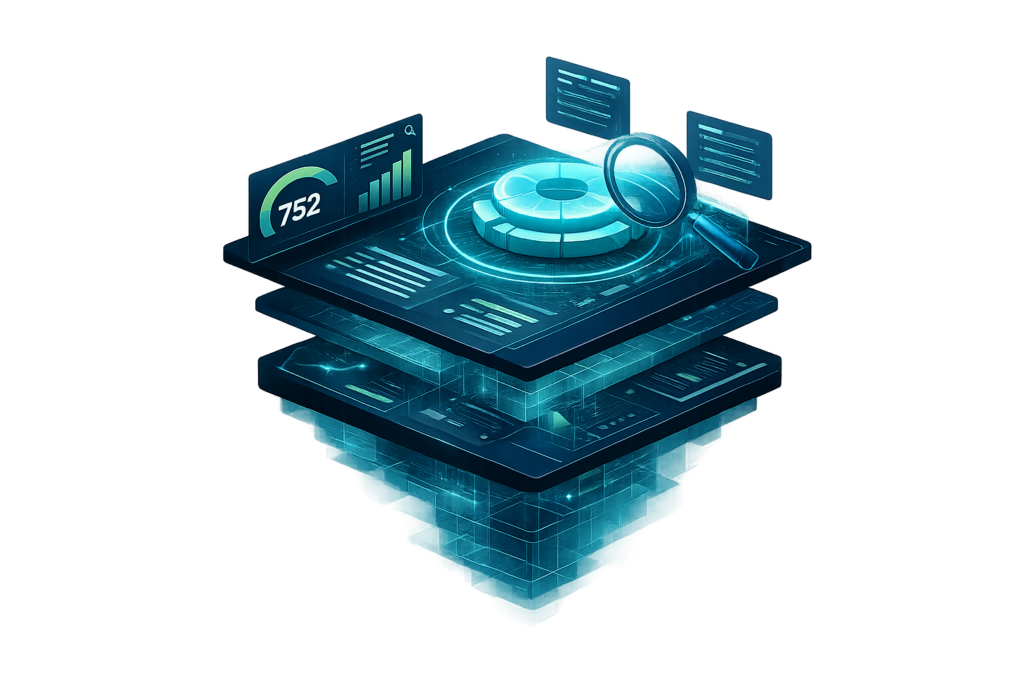 Credit data and scoring metrics being analyzed and applied within a professional financial system