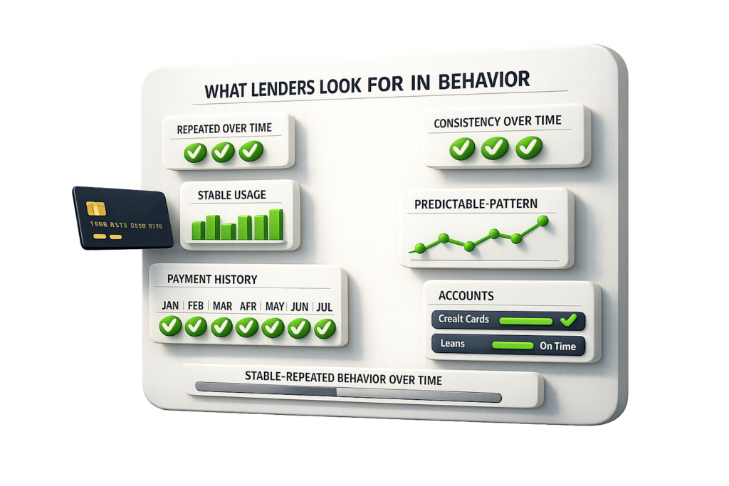 How Lenders Evaluate Behavioral Patterns Over Time Repeated financial actions such as payments and balances form patterns over time and are evaluated to understand a credit profile