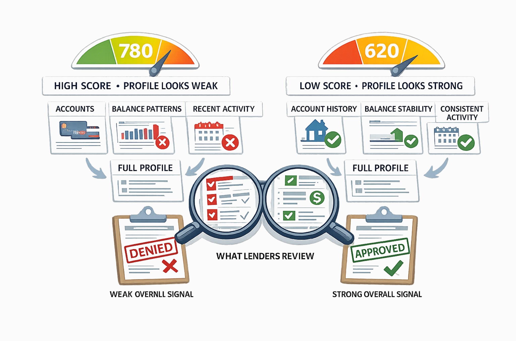 Credit Score vs Full Profile Evaluation Comparison showing how lenders evaluate a full credit profile where a high credit score can still be denied and a lower score can be approved based on overall profile strength