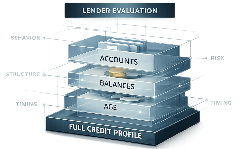 Lender Evaluation of Credit Profile Layers Credit profile layers including accounts, balances, and age evaluated by lenders using behavior, structure, timing, and risk