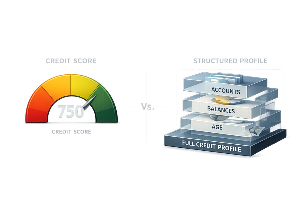 Loan Approval Decisions Are Based on Structure Loan approval decisions based on credit structure showing full credit profile with accounts, balances, and age compared to a credit score