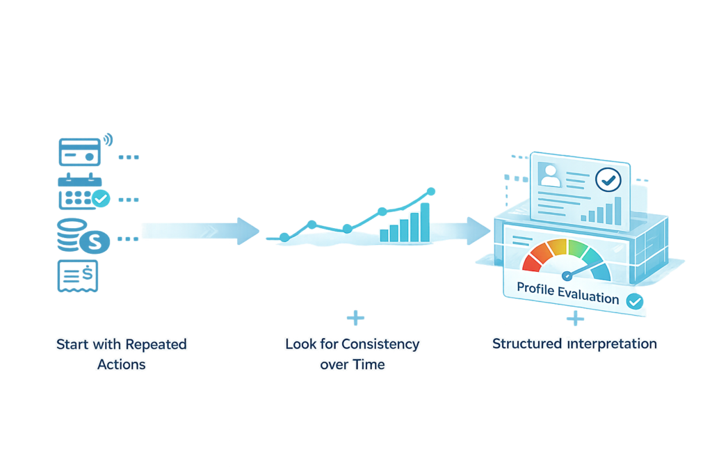 How Behavioral Signals Are Evaluated Over Time Repeated financial actions forming patterns over time and used to evaluate a credit profile