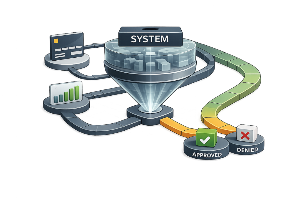 A credit profile being evaluated by a lending system, where account activity and payment patterns influence approval or denial decisions.